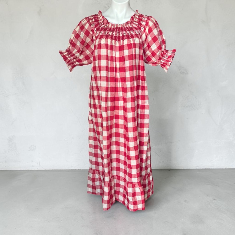 DÔEN Rhone Dress Women's Size Small Sweet Cherry Plaid Gingham Plaid Midi Dress
